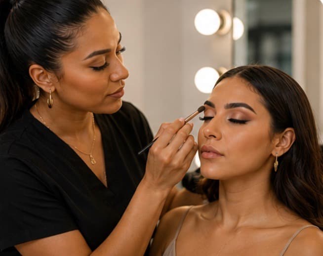 Makeup professional applying eyeshadow for a client