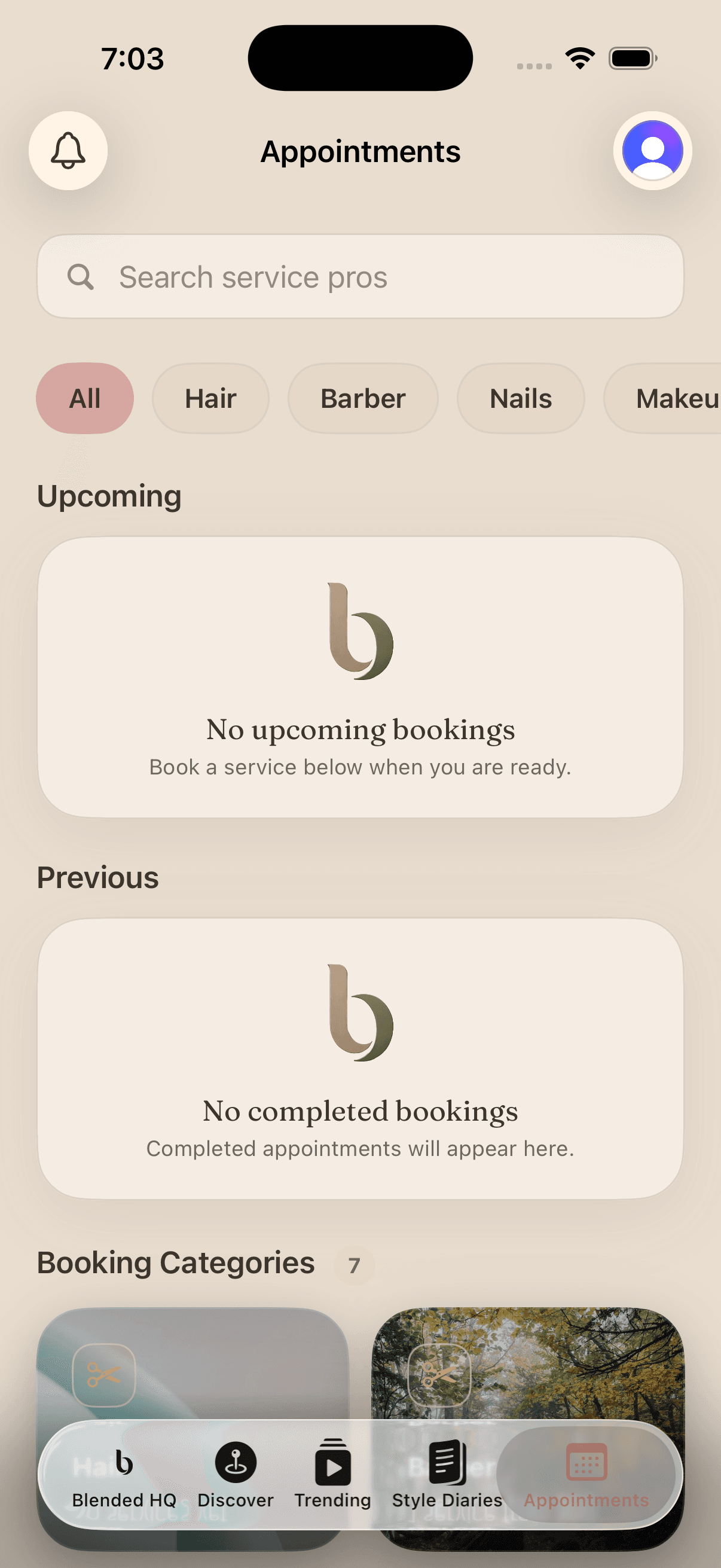 Blended Collective iOS app showing upcoming appointments and booking categories