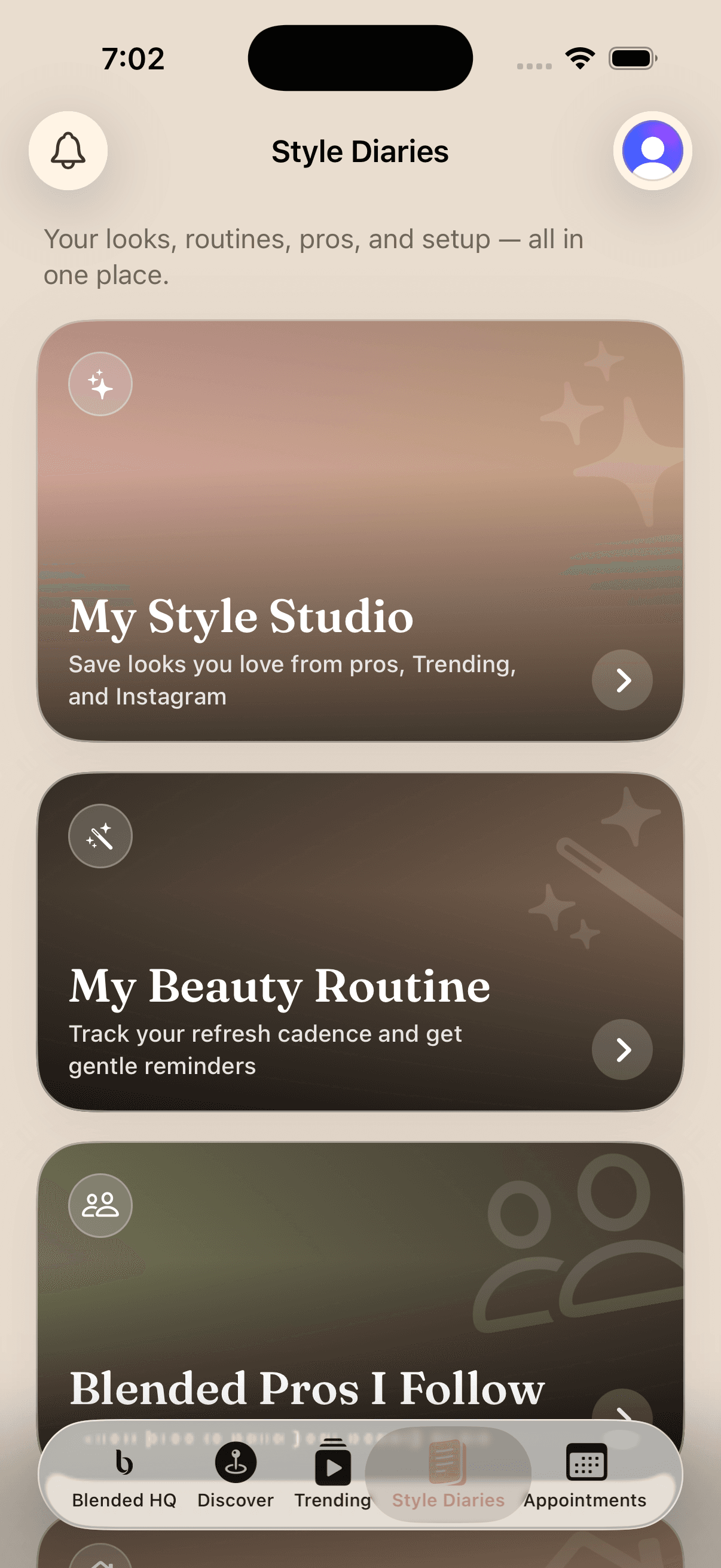 Blended Collective iOS app showing the Style Diaries hub