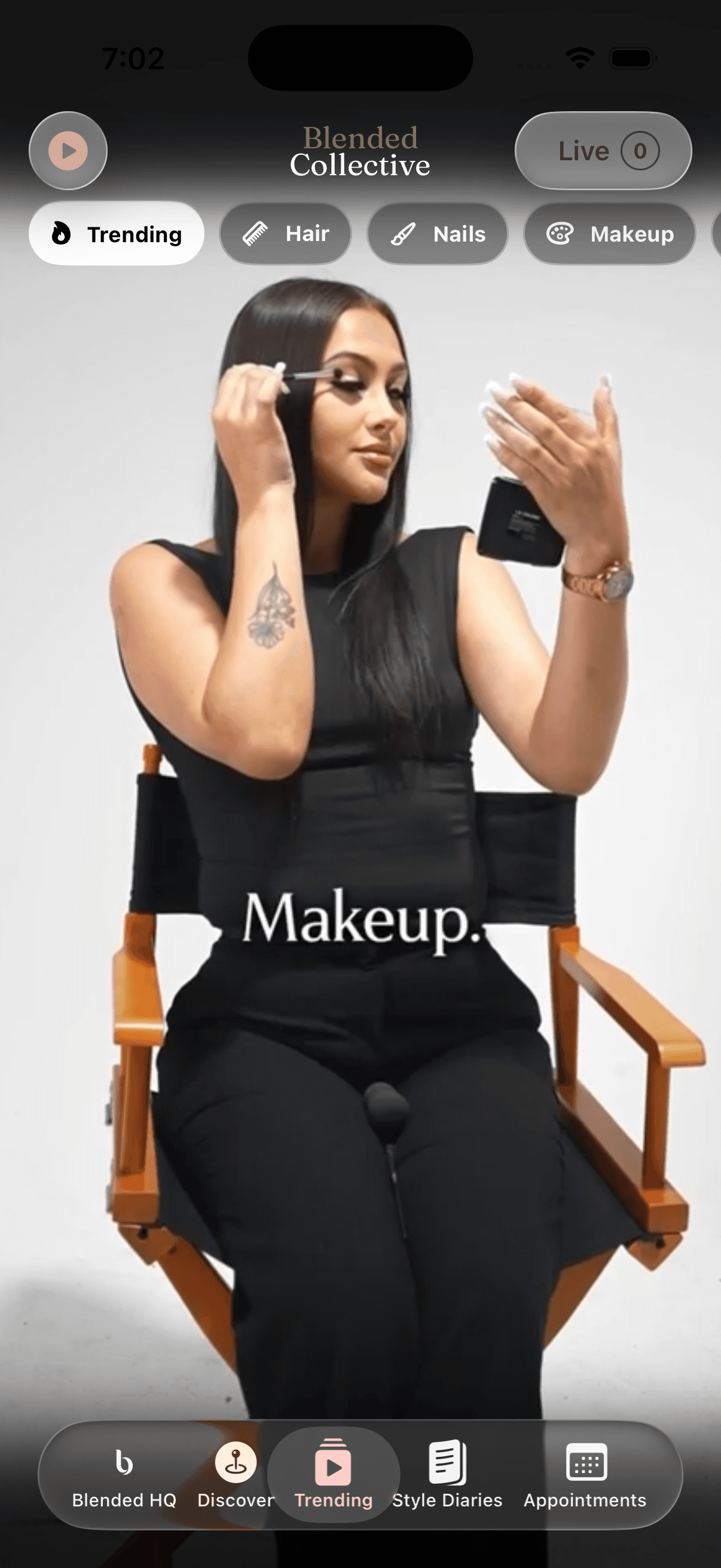 Blended Collective iOS app showing a video in the Trending beauty feed