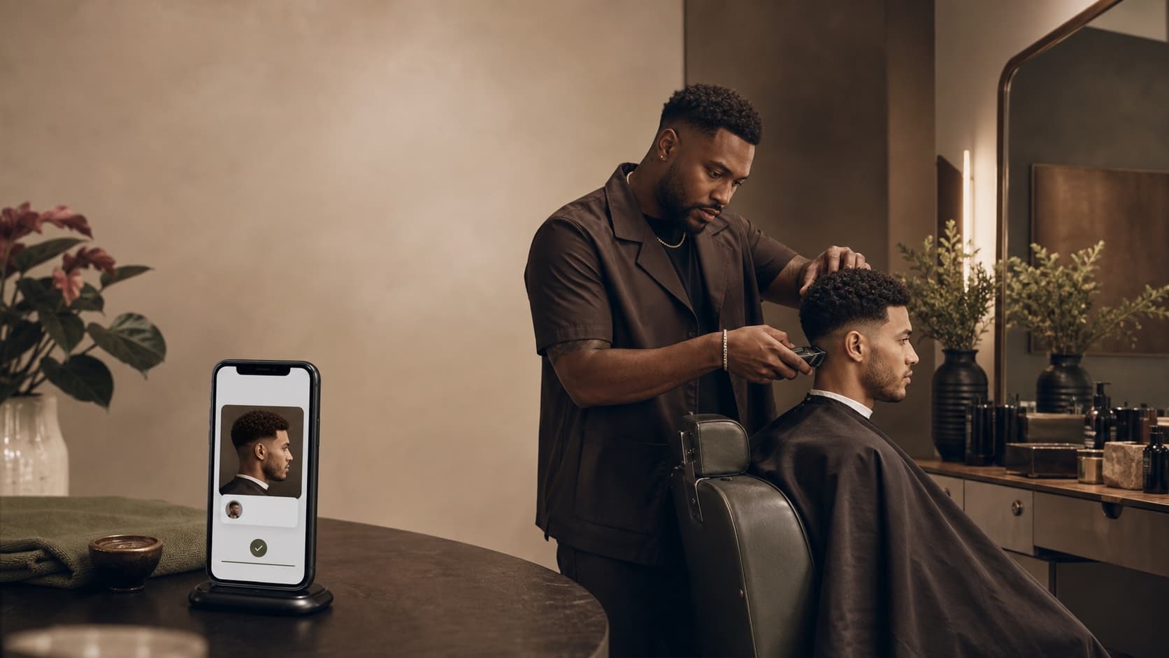 A barber completing a client service beside a phone booking experience