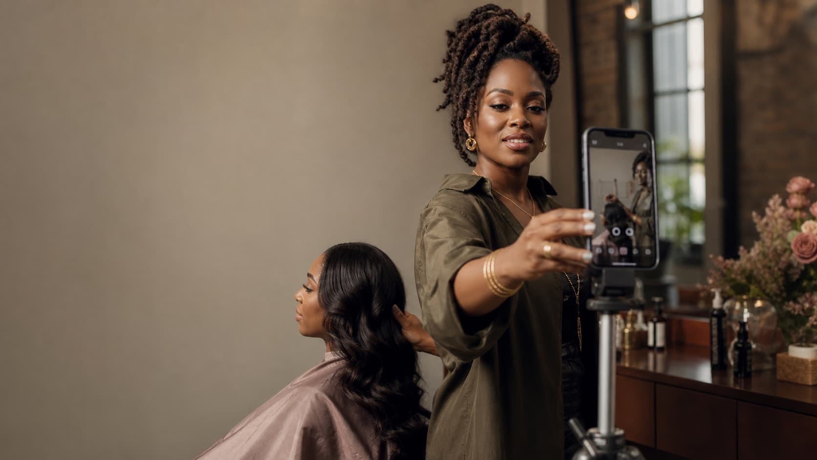 A hairstylist preparing to broadcast a live styling session