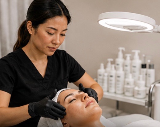 Beauty professional providing a treatment in a calm studio